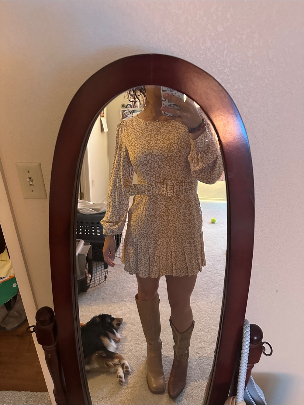 Floral Belted Long-Sleeve Mini Dress